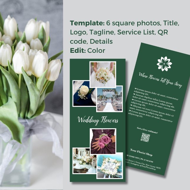 Carte Publicitaire Élégance Vert & Blanc 💐 Fleuriste pour Mariages (Green & White Elegance 💐 Wedding Flowers Florist Rack Card)