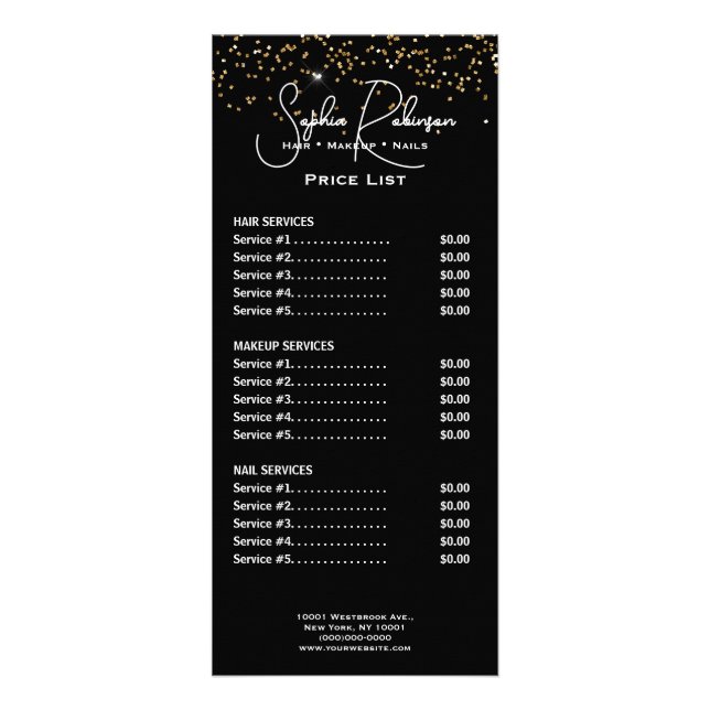 Carte Publicitaire Elegant Black & Gold Glitter Price List Rack Card (Devant)