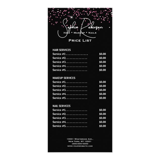 Carte Publicitaire Elegant Black & Pink Glitter Price List Rack Card (Devant)