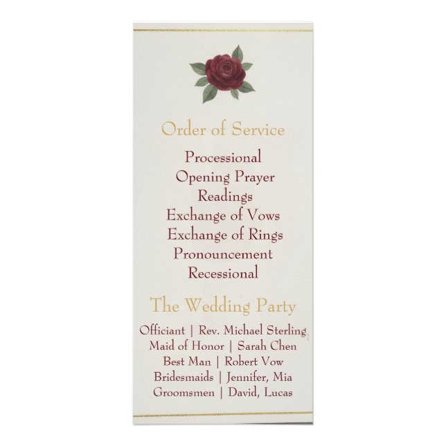 Carte Publicitaire Elegant Burgundy Floral & Gold Wedding Program (Dos)