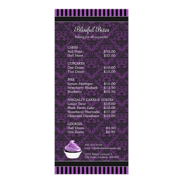 Carte Publicitaire Élégant Damask Purple Cupcake Bakery Prix (Devant)