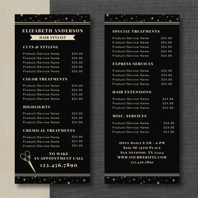 Carte Publicitaire Elegant Hair Salon Black Price List (A vintage celestial hairstylist services price list card. Personalize it with your information.)