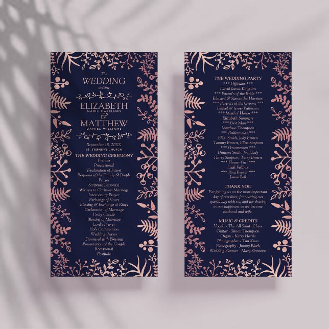 Carte Publicitaire Elégant Marine & Rose Gold Floral Wedding Programm (Créateur téléchargé)