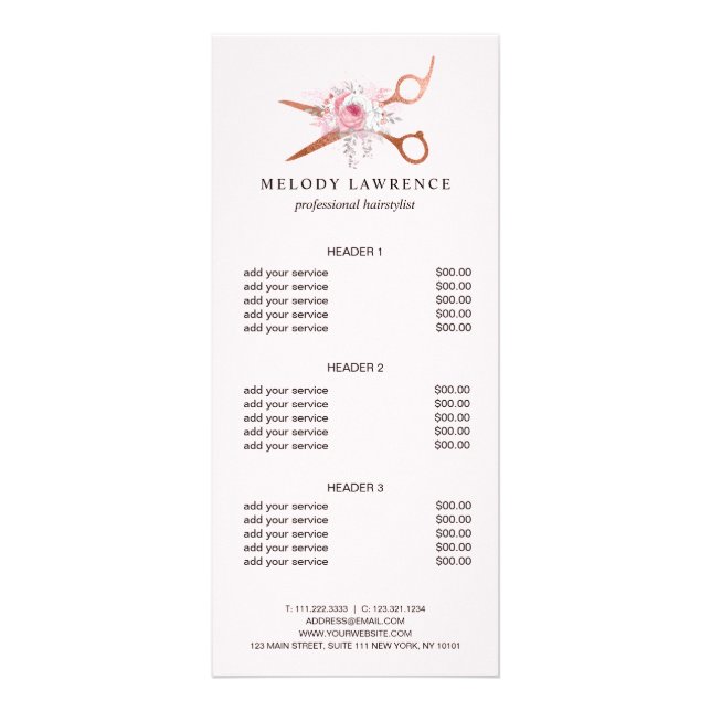 Carte Publicitaire Elégant rose en cuivre ciseaux en or coiffeuse (Devant)