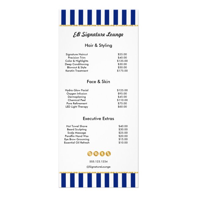 Carte Publicitaire Executive Navy Blue Stripe Gold Service Price List (Devant)