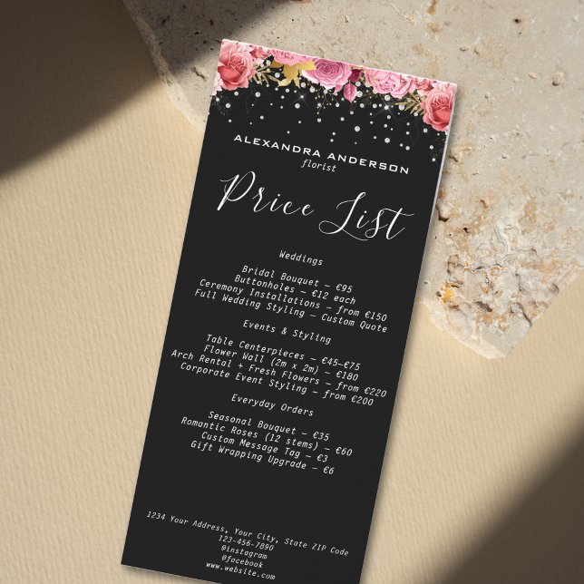 Carte Publicitaire Fleurs roses botaniques paillettes diamant salon n (Botanical Pink Flowers Diamond Glitter Black Salon Rack Card)