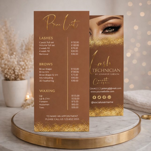 Carte Publicitaire Gold & Brown Lash Tech Price List | Luxury Beauty  (Créateur téléchargé)