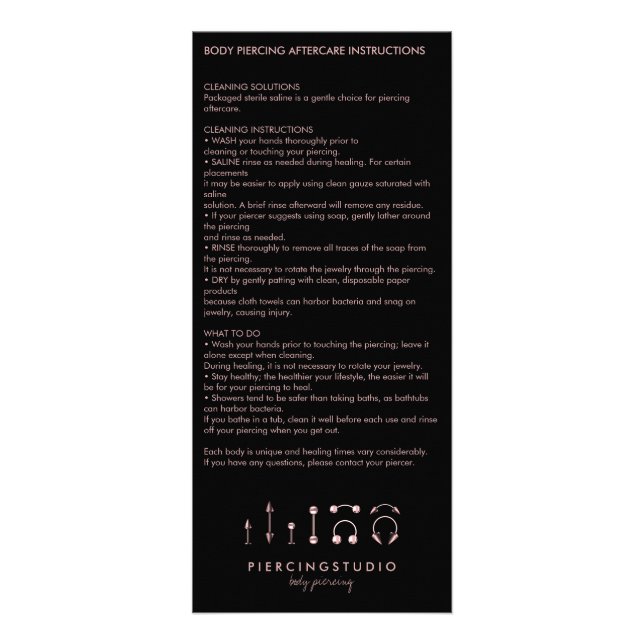 Carte Publicitaire Instructions de suivi pour les bijoux de piercing  (Devant)