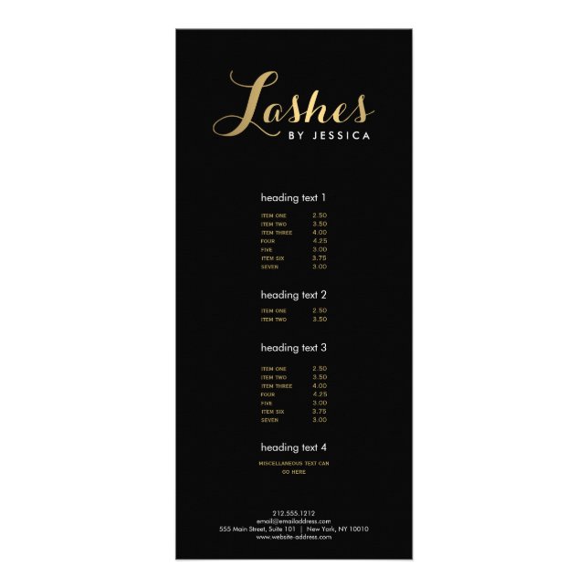 Carte Publicitaire Lashes de verre Texte Gold/Black Rack Card (Devant)