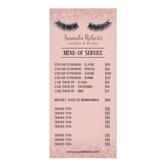 Carte Publicitaire Lashes Maquillage Artiste Rose Gold Eyelash Tarifs (Devant)