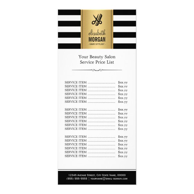 Carte Publicitaire Logo de ciseaux Gold Black White Stripes Tarifs (Devant)