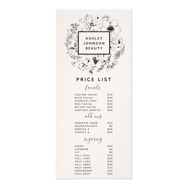Carte Publicitaire Modern Botanical Blush and Black Price List (Devant)