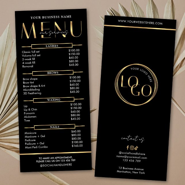 Carte Publicitaire Modern Glam Black Gold Spa Beauty Salon Price List (Elegant black and gold business price list menu design with your custom t ext & logo)