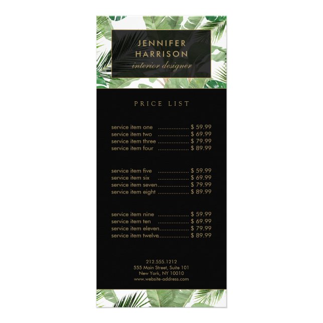 Carte Publicitaire Motif de feuilles tropicales à l'aquarelle Noir/Bl (Devant)