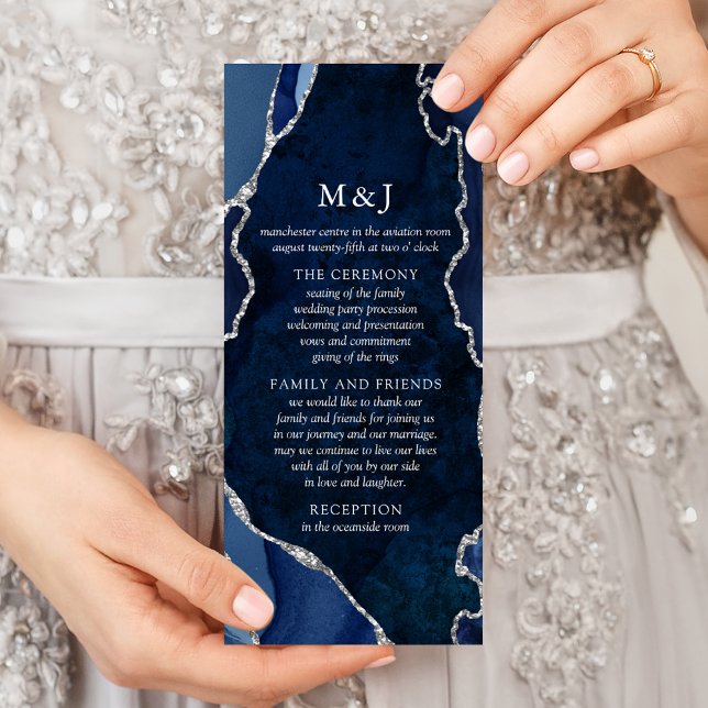 Carte Publicitaire Navy Marble & Silver Agate Wedding Program (Créateur téléchargé)