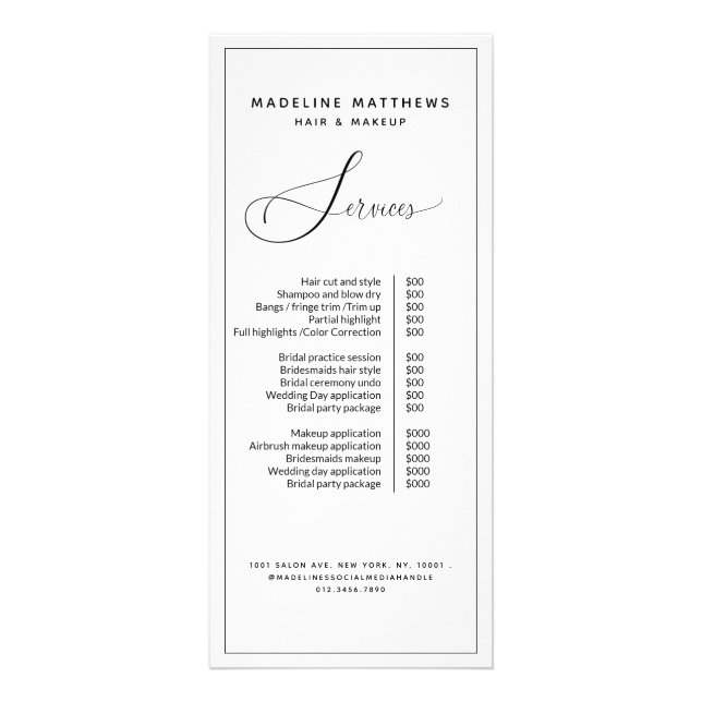 Carte Publicitaire Noir Blanc Moderne Calligraphie Salon Tarification (Devant)