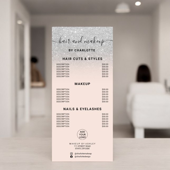 Carte Publicitaire Parties scintillant argent calligraphie prix maqui (Silver glitter calligraphy hair makeup price rack card)
