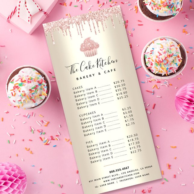 Carte Publicitaire Parties scintillant rose Cupcake Gold Bakery Pâtis (Créateur téléchargé)