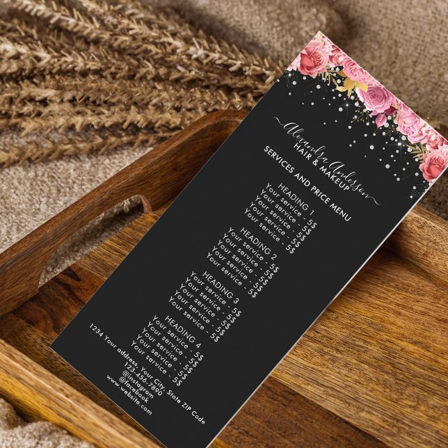 Carte Publicitaire Prix des diamants floraux noirs modernes avec pail (Modern Black Pink Floral Diamonds Glitter Price Rack Card)