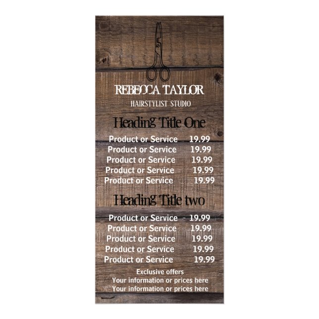Carte Publicitaire Prix et service du salon Rustic Wood Scissor (Devant)