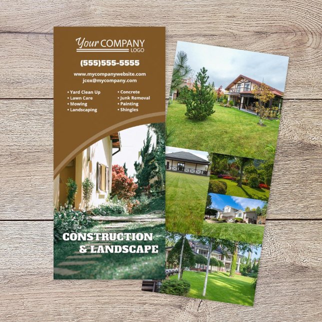 Carte Publicitaire Publicité verticale pour entreprise marron avec ph (Brown brochure rack card with tiled photos, modern rounded circular shapes, vertical business ad)