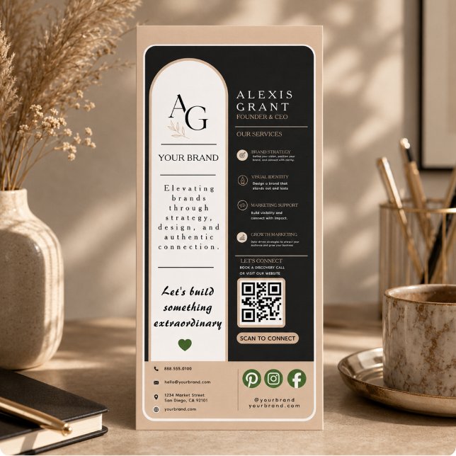 Carte Publicitaire Rappel de rendez-vous QR Code Luxe Noir Beige (Black Beige Luxury QR Code Appointment Reminder Rack Card)