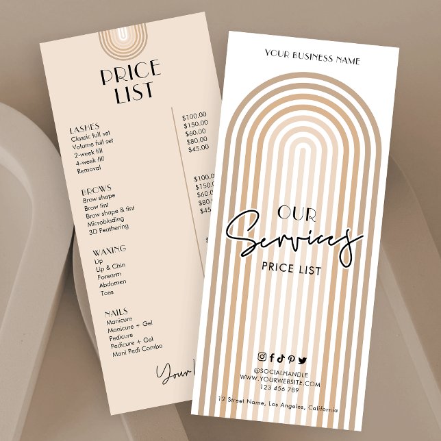 Carte Publicitaire Retro Arch Boho Beige tendance Salon de cheveux Ta (Elegant boho inspired business price list menu in cream and white and trendy fonts)