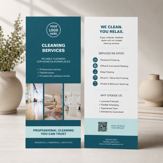 Carte Publicitaire Services de nettoyage sarcelle moderne avec QR  (Modern Teal Cleaning Services with QR Rack Card
)