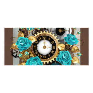 Carte Publicitaire Steampunk Clock and Turquoise Roses on Striped
