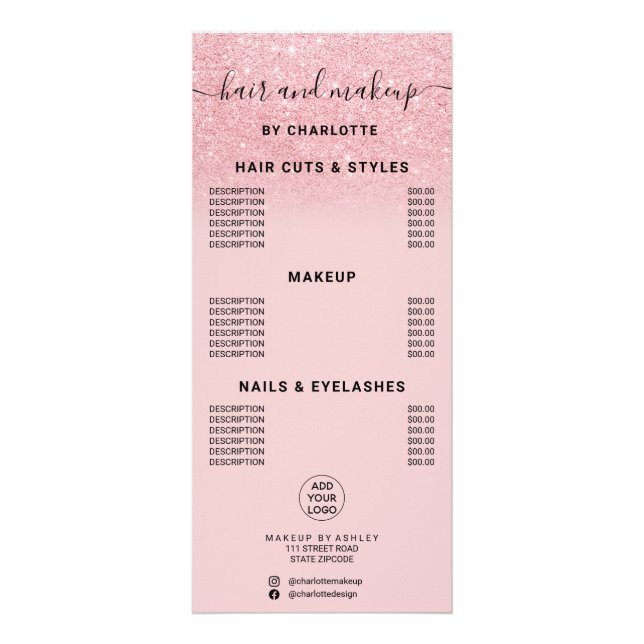Carte Publicitaire Tarif de coiffure maquillage calligraphie paillett (Devant)