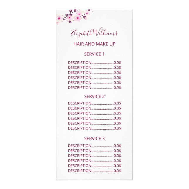 Carte Publicitaire Tarifs de service Rose Blanc Fleur de Cerisier Flo (Devant)