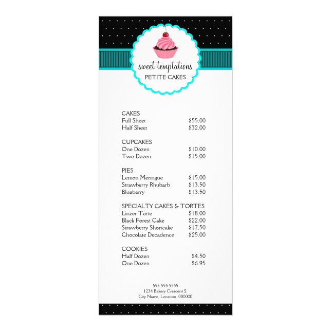 Carte Publicitaire Whimsical Bakery Cupcake Turquoise Tarifs (Devant)