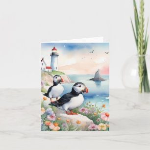 Carte Puffins by the Sea - Ocean Flowers & Lighthouse