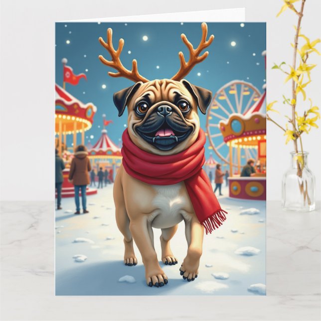 Carte Pug at the Winter Fairgrounds Christmas Painting (Fleur jaune)