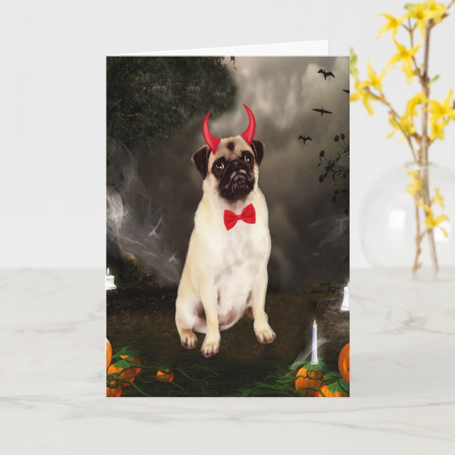 Carte Pug Chien en tenue d'Halloween  (Fleur jaune)