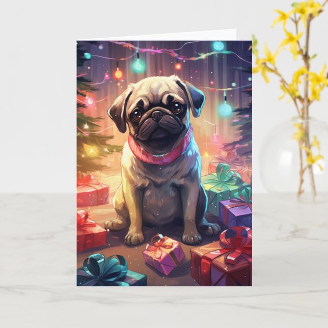 Carte Pug en pyjama de Noël près de l'arbre (Fleur jaune)