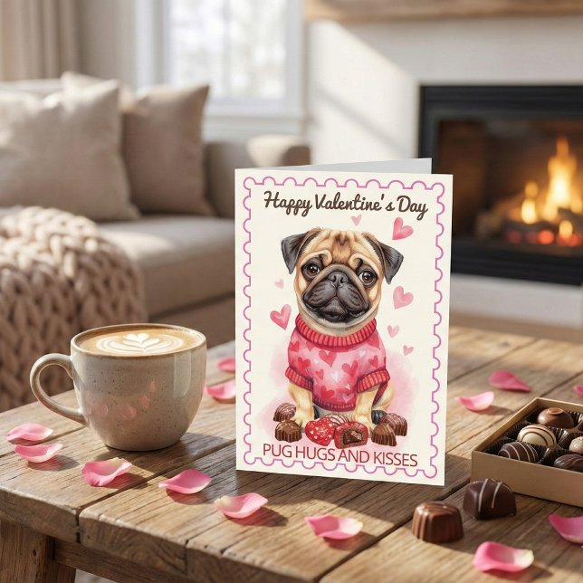 Carte Pug Hugs and Kisses Adorable Valentine's Day (Créateur téléchargé)