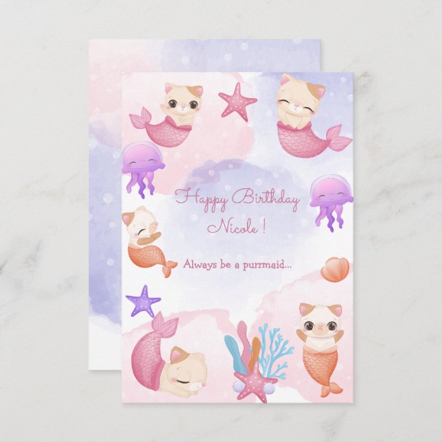 Carte Purmaid chat sirène mignonne fille heureux anniver (Devant / Derrière)