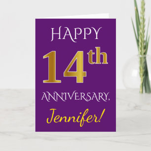 Carte Purple, 14e anniversaire de Mariage de Faux Gold +