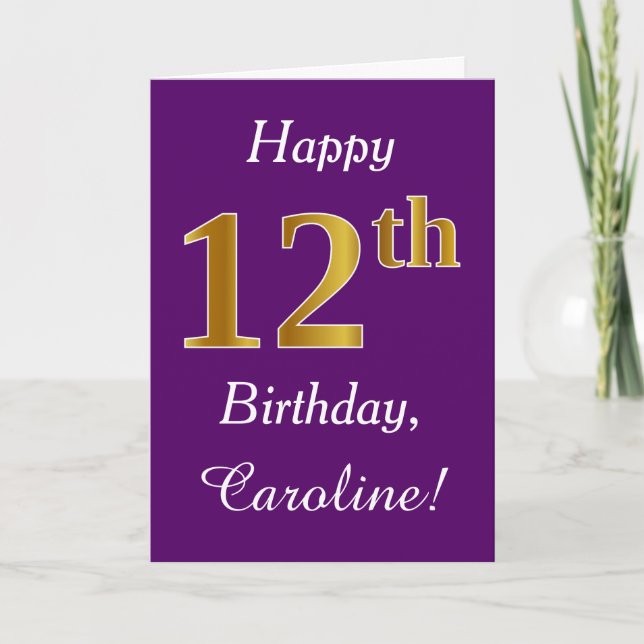 Carte Purple, Faux Gold 12e anniversaire + Nom personnal (Devant)
