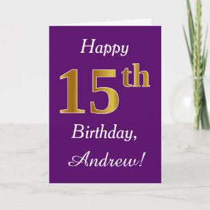 Carte Purple, Faux Gold 15e anniversaire + Nom personnal