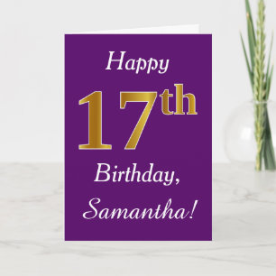 Carte Purple, Faux Gold 17e anniversaire + Nom personnal