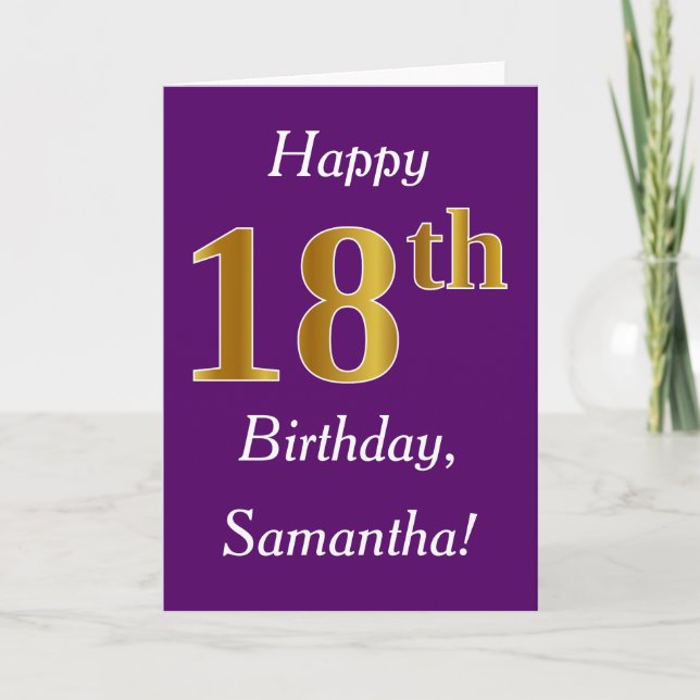 Carte Purple, Faux Gold 18e anniversaire + Nom personnal (Devant)