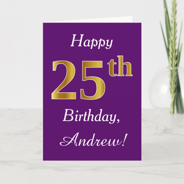 Carte Purple, Faux Gold 25e anniversaire + Nom personnal (Devant)