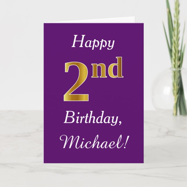Carte Purple, Faux Gold 2e anniversaire + Nom personnali (Devant)