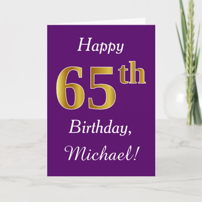 Carte Purple, Faux Gold 65e anniversaire + Nom personnal (Devant)