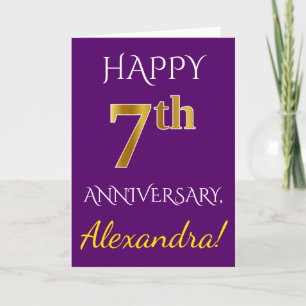 Carte Purple, Faux Gold 7ème anniversaire Mariage + Nom