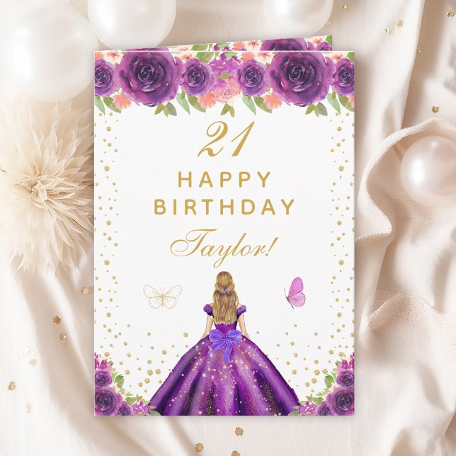 Carte Purple Floral Blonde Hair Girl Joyeux anniversaire (Créateur téléchargé)