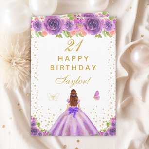 Carte Purple Floral Brown Coiffeuse fille Joyeux anniver