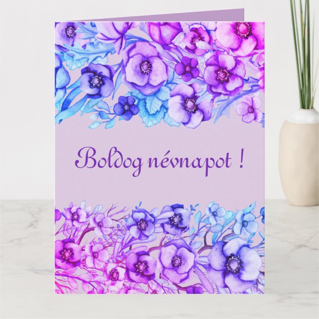Carte Purple florals - Hungarian name day Custom Message (Devant)